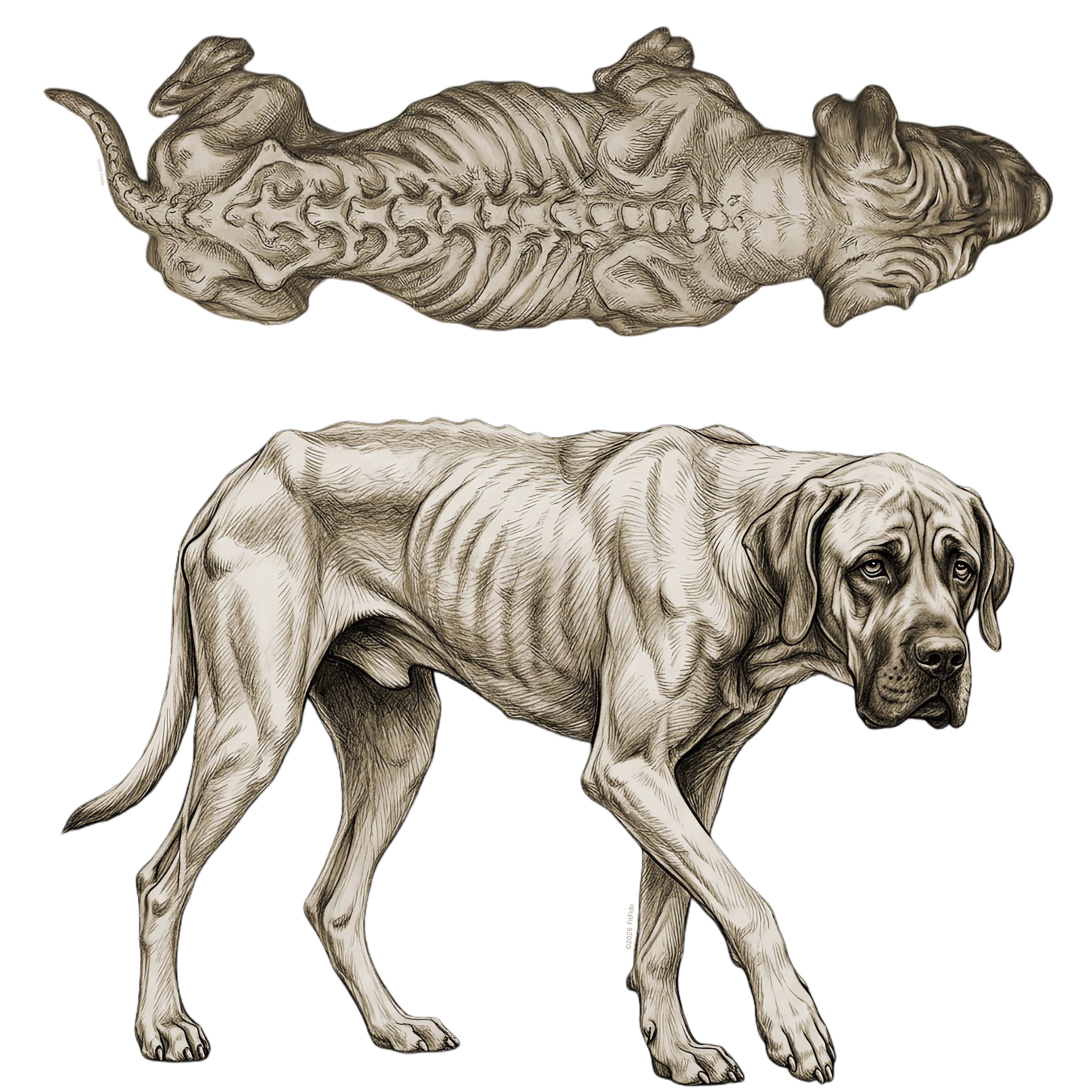 Body condition score 1: Emaciated. Combined side and top view.