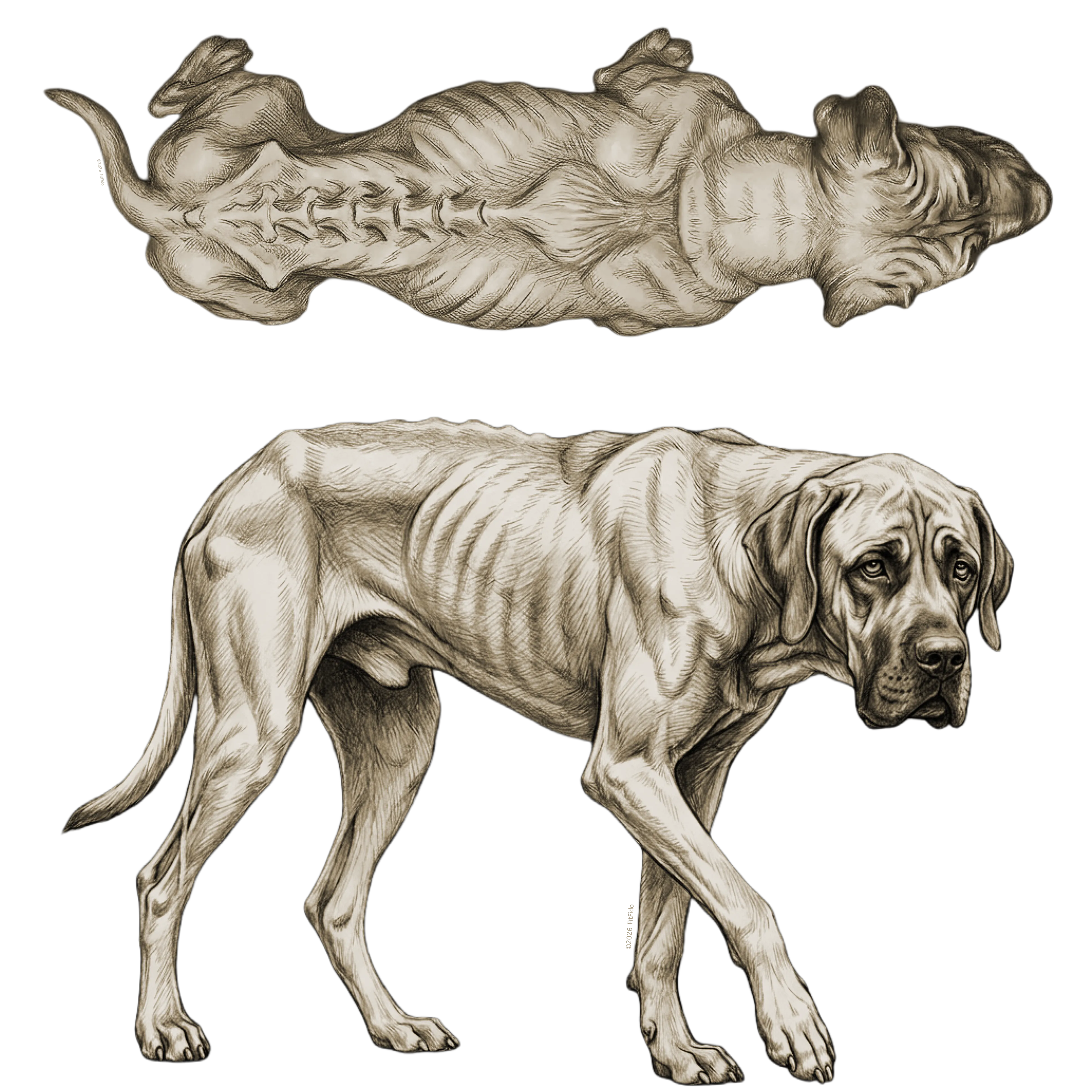 Body condition score 2: Very Thin. Combined side and top view.