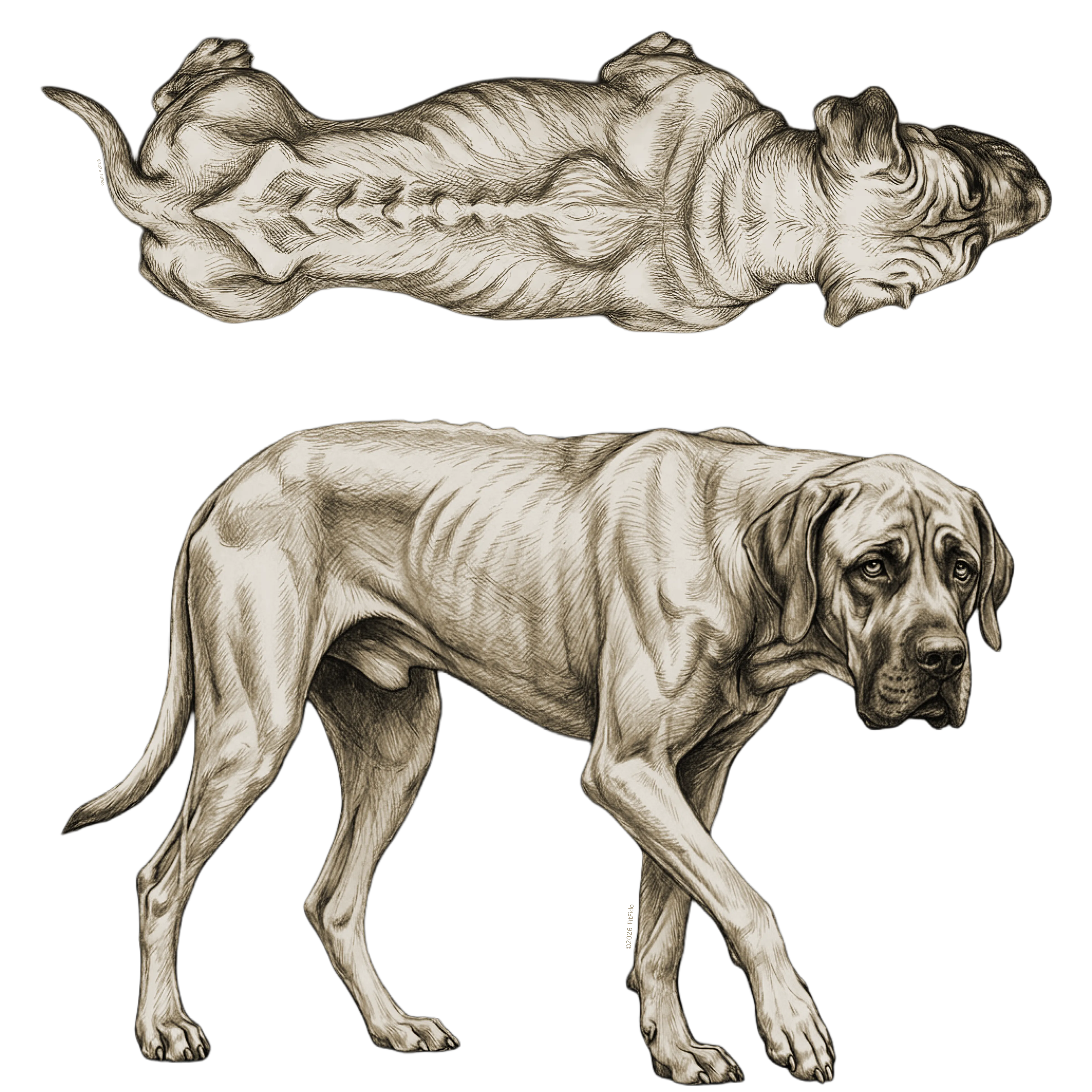 Body condition score 3: Thin. Combined side and top view.