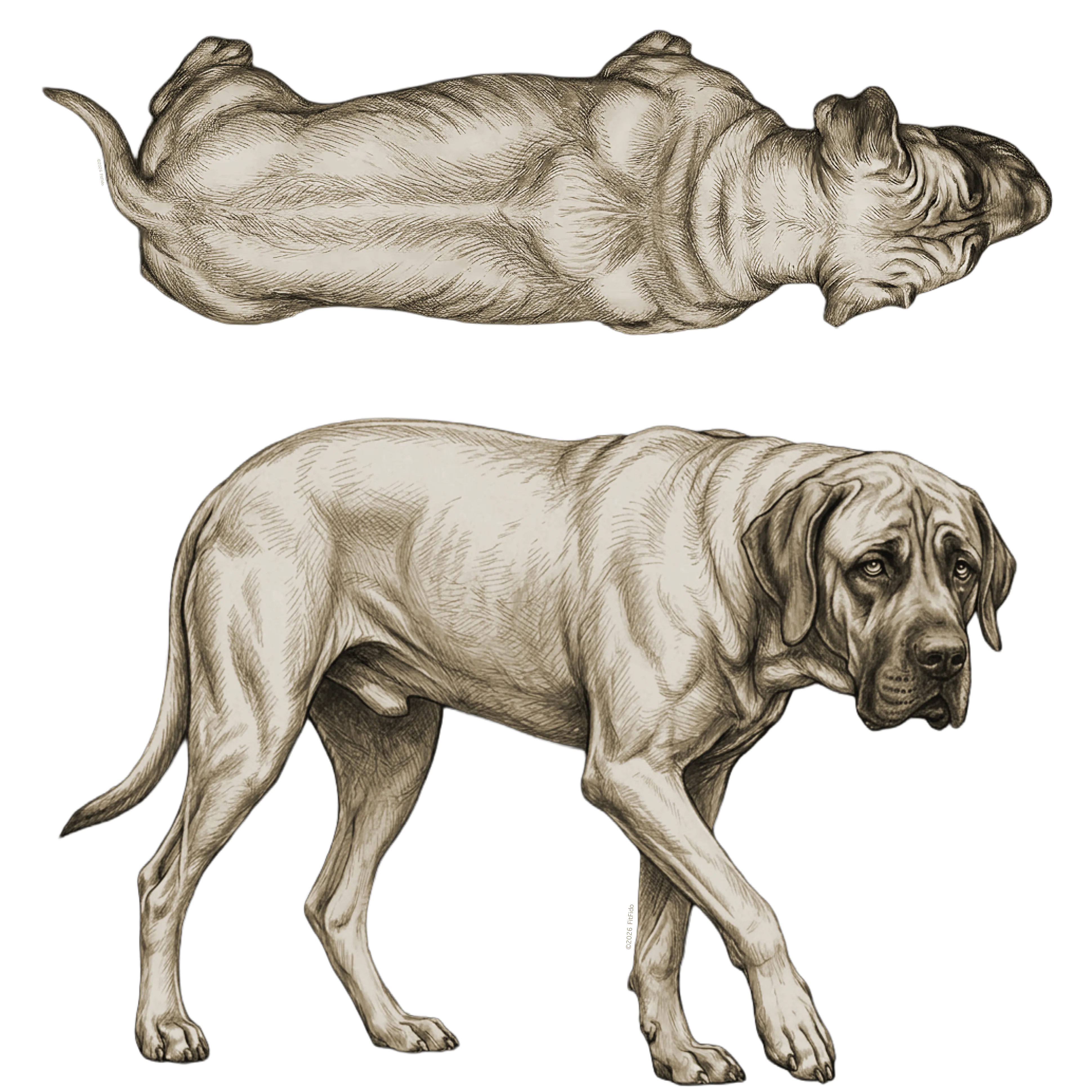 Body condition score 6: Overweight. Combined side and top view.