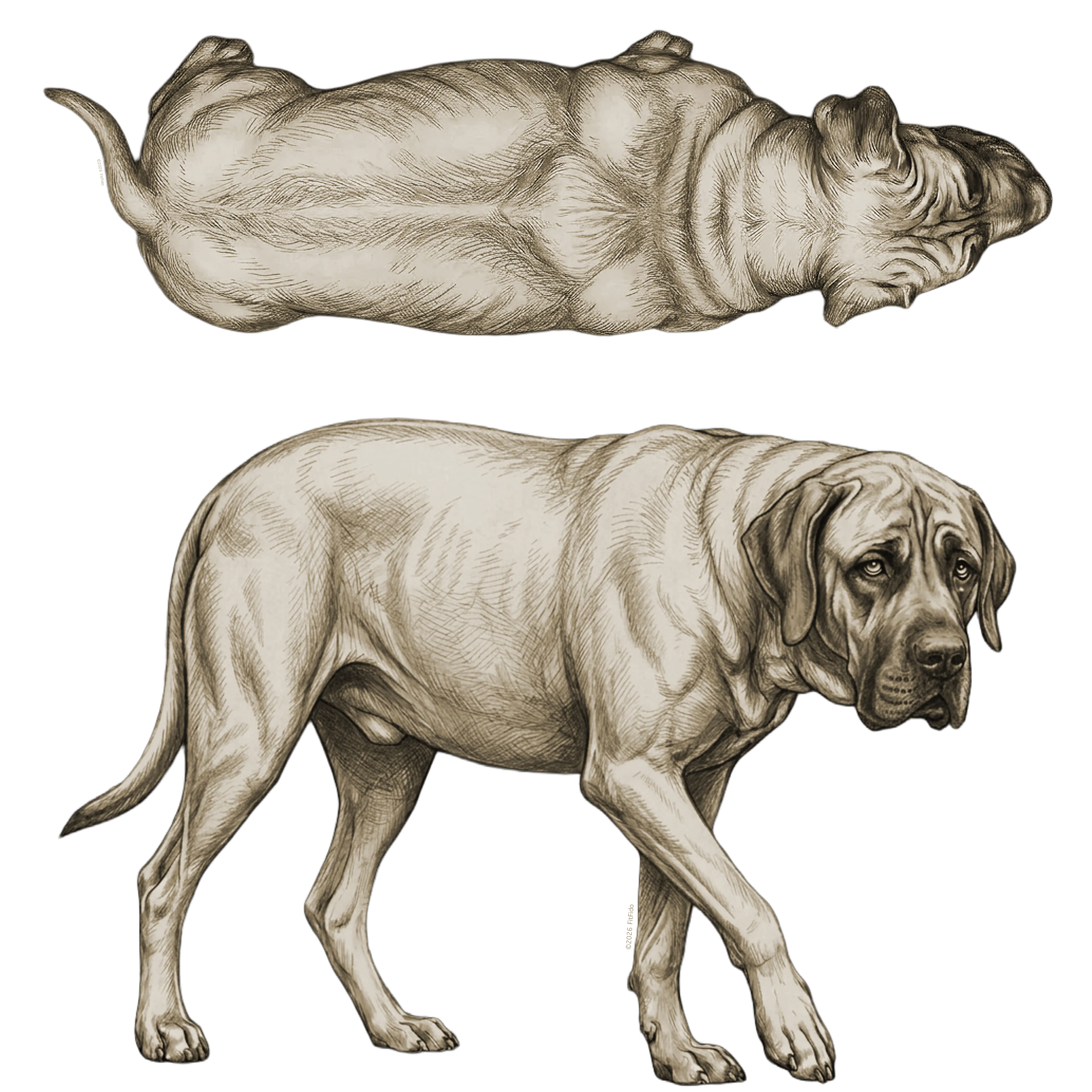 Body condition score 7: Heavy. Combined side and top view.