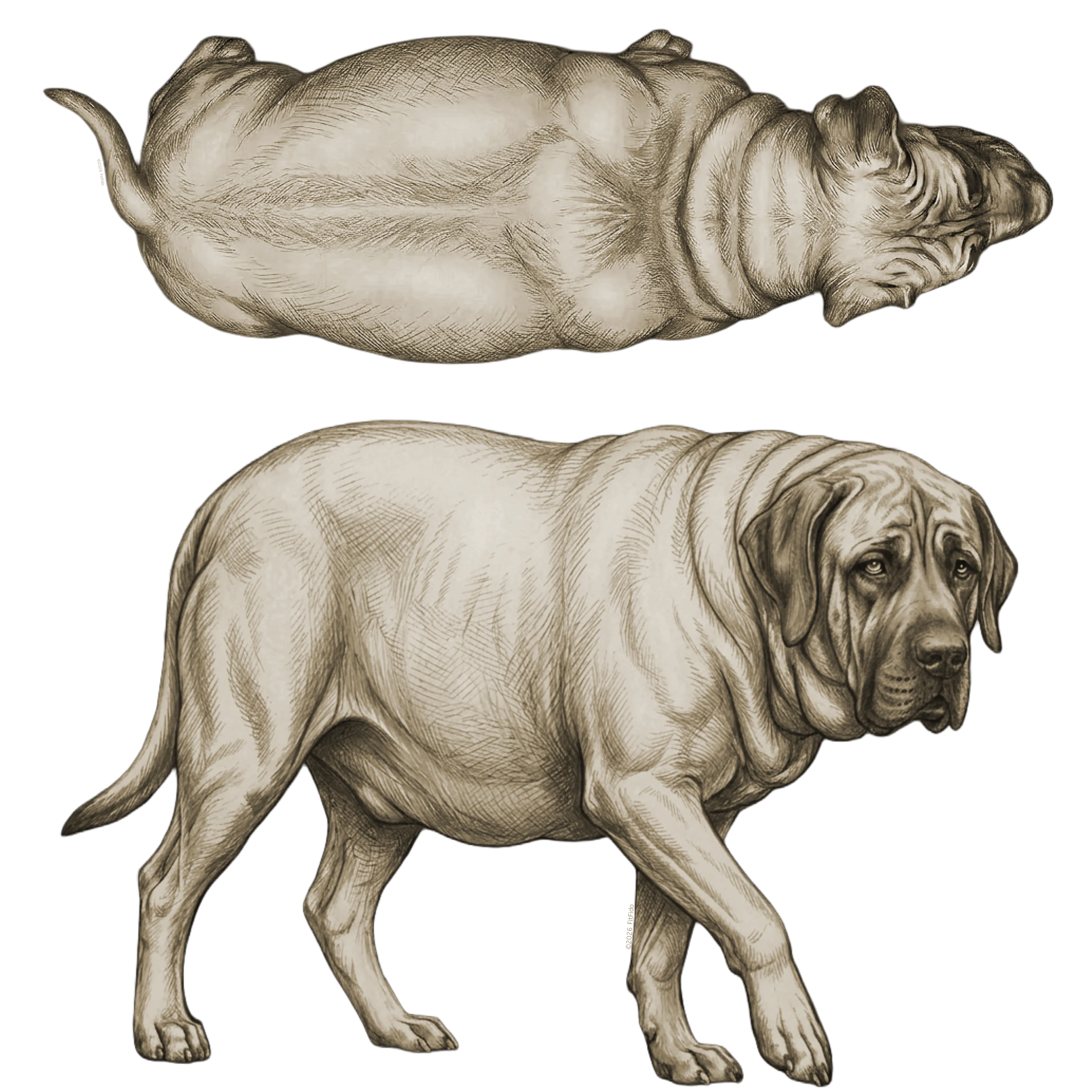 Body condition score 9: Extreme Obesity. Combined side and top view.